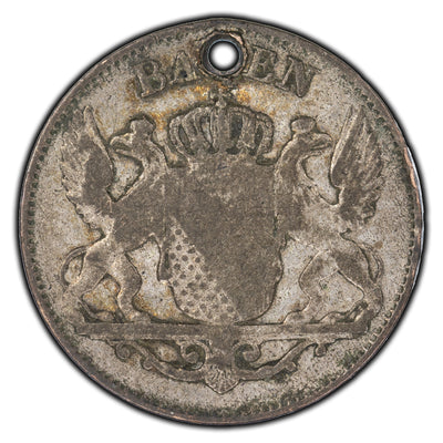 SOLD Germany Baden 1840 6 Kreuzer Silver Coin KM #210 - Holed
