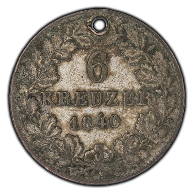 SOLD Germany Baden 1840 6 Kreuzer Silver Coin KM #210 - Holed