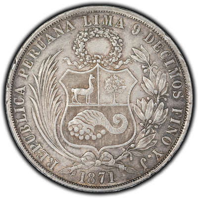 SOLD Peru 1871 Sol Silver Coin KM #196.3