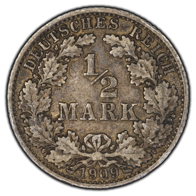 Germany 1909-A 1/2 Mark Silver Coin KM #17