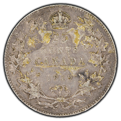 SOLD Canada 1919 25 Cents Silver Coin - VF-30 (residue)