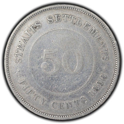 Straits Settlement 1896 50 Cents Silver Coin - Cleaned/Scratch