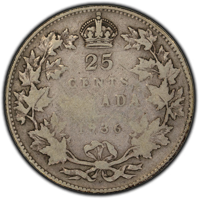SOLD Canada 1936 Dot 25 Cents Silver Coin - VG-8