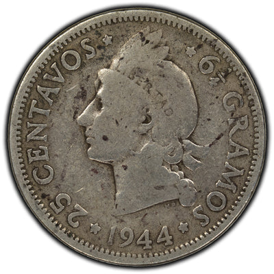 SOLD Dominican Republic 1944 25 Centavos Silver Coin KM #20