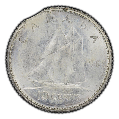 Canada 1968 10 Cent Silver Coin - Mint Error Curved Clip