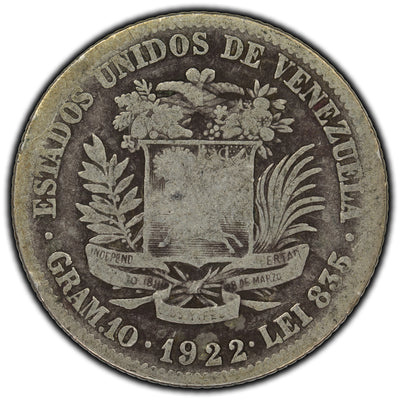SOLD Venezuela 1922 2 Bolivars Silver Coin Y #23