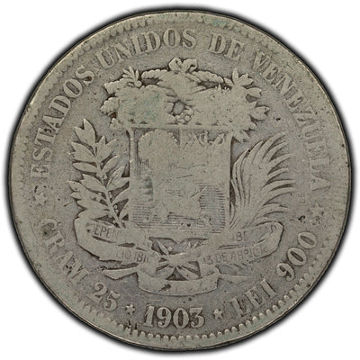 SOLD Venezuela 1903 5 Bolivars Silver Coin Y #24.2