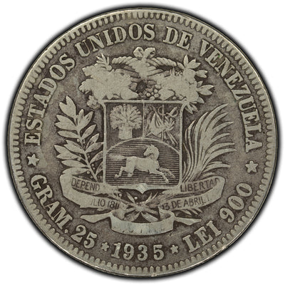 SOLD Venezuela 1935 5 Bolivars Silver Coin Y #24.2 - Light Scratches