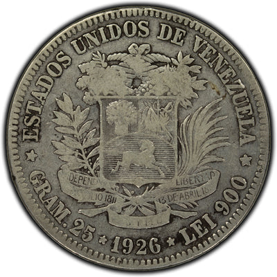 SOLD Venezuela 1926 5 Bolivars Silver Coin Y #24.2