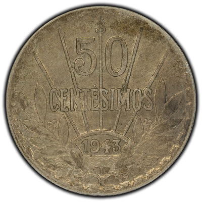 Uruguay 1943 50 Centimes Silver Coin KM #31