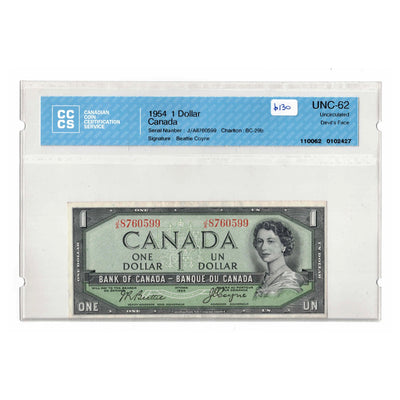 SOLD $1 1954 Bank of Canada Note Devil Face J/A Prefix BC-29b - CCCS UNC-62