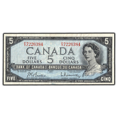 SOLD $5 1954 Bank of Canada Note Beattie-Rasminsky P/X Prefix BC-39b - Cleaned