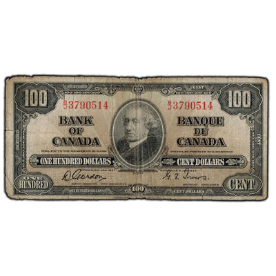 SOLD $100 1937 Bank Of Canada Note Gordon-Towers B/J Prefix BC-27b