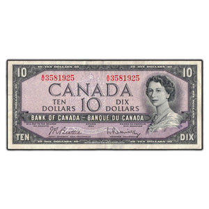 SOLD $10 1954 Bank of Canada Note Beattie-Rasminsky A/V Prefix BC-40b