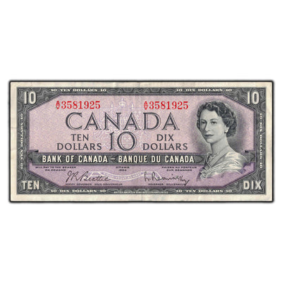 SOLD $10 1954 Bank of Canada Note Beattie-Rasminsky A/V Prefix BC-40b