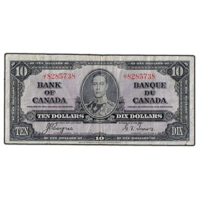 SOLD $10 1937 Bank of Canada Note Coyne-Towers J/T Prefix BC-24c - F-12