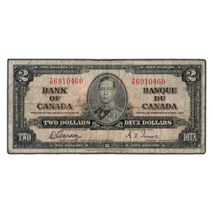 SOLD $2 1937 Bank of Canada Note Gordon-Towers Y/B Prefix BC-22b - VG-8