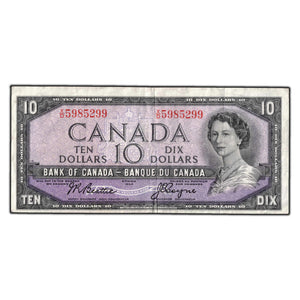 SOLD $10 1954 Bank of Canada Note Beattie-Coyne X/D Prefix BC-40a - Cleaned
