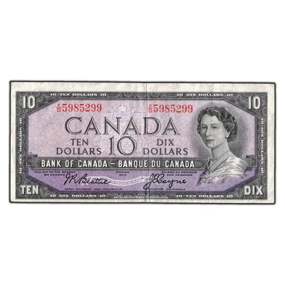 SOLD $10 1954 Bank of Canada Note Beattie-Coyne X/D Prefix BC-40a - Cleaned