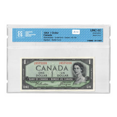 SOLD $1 1954 Bank of Canada Note Devil Face S/A Prefix BC-29b - CCCS UNC-60