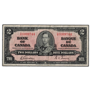 SOLD $2 1937 Bank of Canada Note Gordon-Towers O/B Prefix BC-22b - F-15