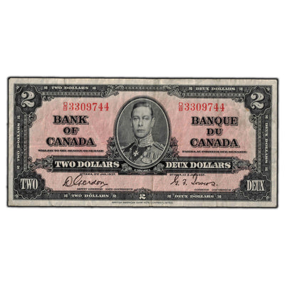 SOLD $2 1937 Bank of Canada Note Gordon-Towers O/B Prefix BC-22b - F-15