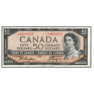 SOLD $50 1954 Bank of Canada Note Beattie-Coyne A/H Prefix BC-42a.- VF-20