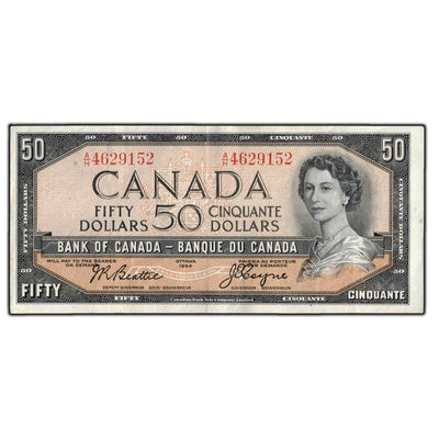 SOLD $50 1954 Bank of Canada Note Beattie-Coyne A/H Prefix BC-42a.- VF-20