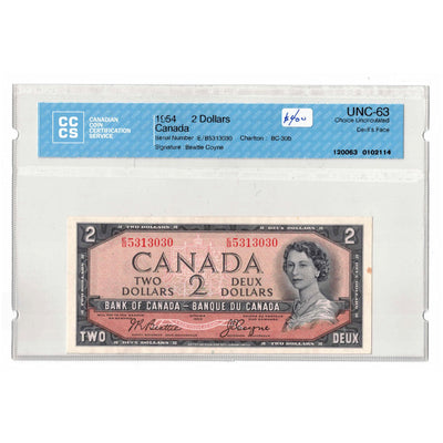 SOLD $2 1954 Bank of Canada Note Devil Face E/B Prefix BC-30b - CCCS UNC-63