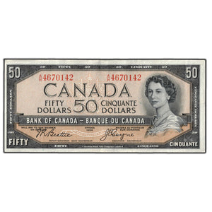 SOLD $50 1954 Bank of Canada Note Beattie-Coyne A/H Prefix BC-42a - VF+