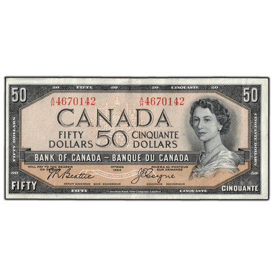 SOLD $50 1954 Bank of Canada Note Beattie-Coyne A/H Prefix BC-42a - VF+