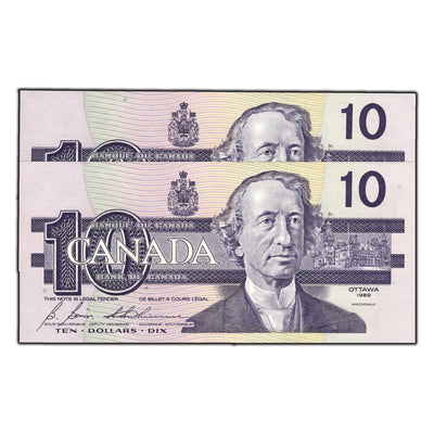 SOLD $10 1989 Bank of Canada Notes BDL Prefix BC-57b - Two Consecutive - Ch UNC