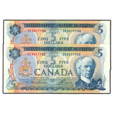 SOLD $5 1972 Bank of Canada Notes SK Prefix BC-48b - 2 Consecutive AU-50