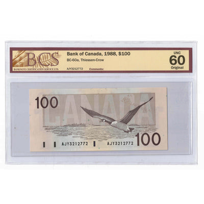 SOLD $100 1988 Bank of Canada Note AJY Prefix BC-60a - BCS UNC-60