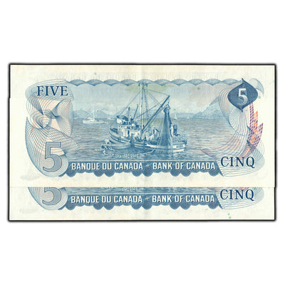 SOLD $5 1972 Bank of Canada Notes SK Prefix BC-48b - 2 Consecutive AU-50