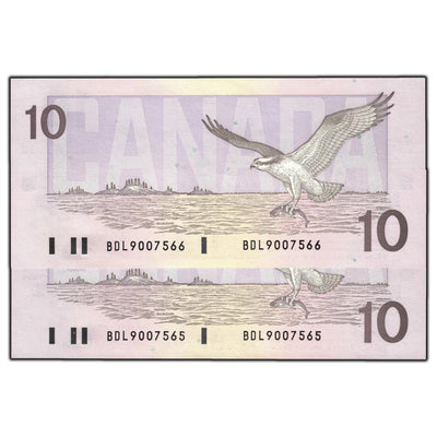 SOLD $10 1989 Bank of Canada Notes BDL Prefix BC-57b - Two Consecutive - Ch UNC