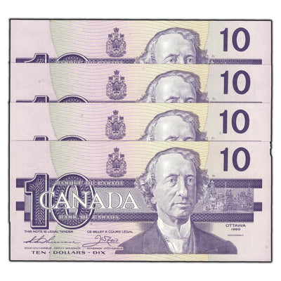 SOLD $10 1989 Bank of Canada Notes ADP Prefix BC-57a - 4 Consecutive - Ch UNC