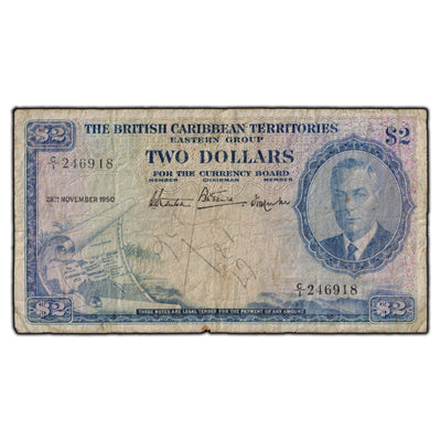 SOLD British Caribbean Territories 1950 $2 Note P #2 - Writing