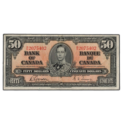 SOLD $50 1937 Bank of Canada Note Gordon-Towers B/H Prefix BC-26b - VF-20