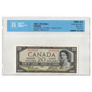 SOLD $20 1954 Bank of Canada Note Devil Face E/E Prefix BC-33b - CCCS UNC-63