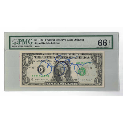 SOLD United States 1988 $1 United States Federal Reserve Note - PMG UNC-66 Signed by John Lithgow