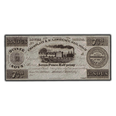 SOLD 15 Sous / 7 1/2 Pence 1837 Champlain & St. Lawrence Banknote - Remainder