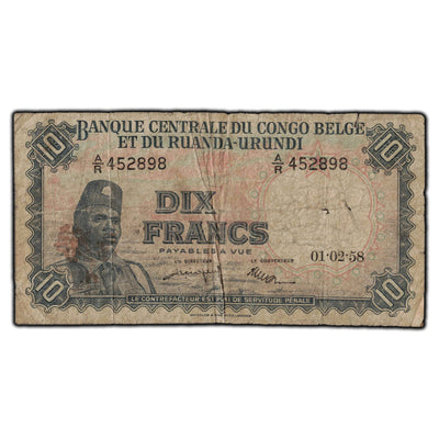 SOLD Belgian Congo 1958 10 Francs Note P #30 - Tear and Holes