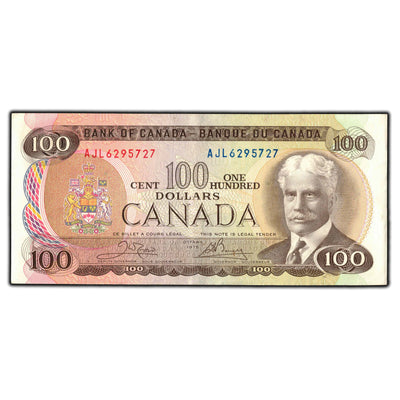 SOLD $100 1975 Bank of Canada Note Crow-Bouey AJL Prefix BC-52b