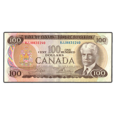 SOLD $100 1975 Bank of Canada Note Crow-Bouey AJJ Prefix BC-52b