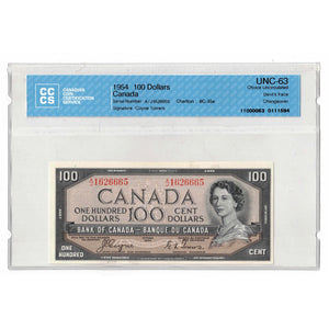 SOLD $100 1954 Bank of Canada Note Devil Face A/J Prefix BC-35a - CCCS UNC-63