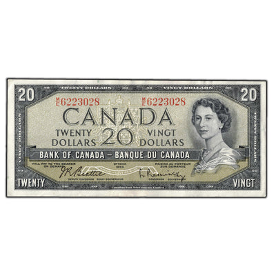 SOLD $20 1954 Bank of Canada Note Beattie-Rasminsky M/E Changeover Prefix BC-41b - VF+