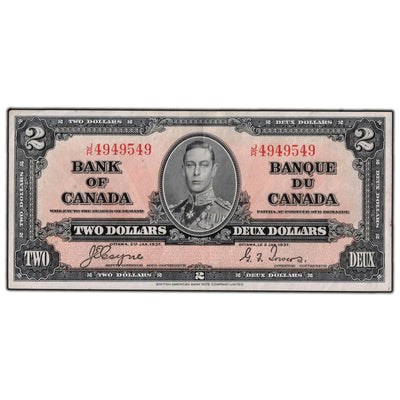 SOLD $2 1937 Bank of Canada Note Coyne-Towers J/R Prefix BC-22c - EF-40