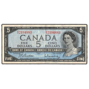 SOLD $5 1954 Bank Of Canada Note Beattie-Rasminsky E/S Prefix BC-39b - EF-40