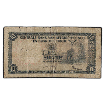 SOLD Belgian Congo 1958 10 Francs Note P #30 - Tear and Holes